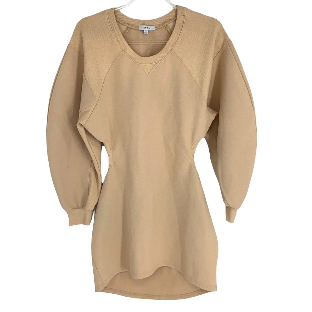 EVNL Women's Cream Mini Dress Balloon Sleeves Cutout Back 100% Cotton sz Medium